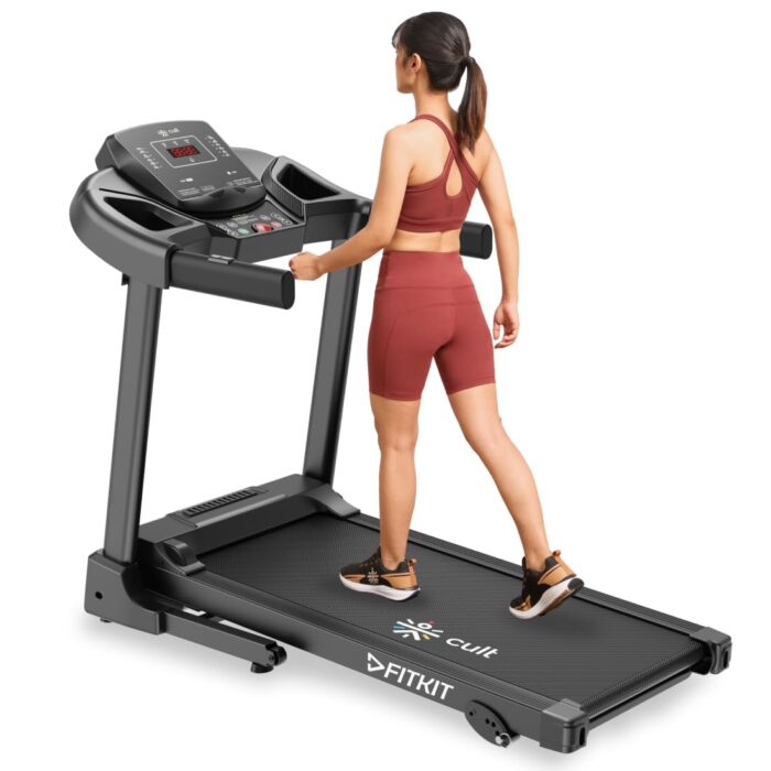 Fitkit by Cult PowerRun-96 BLDC Motor Treadmill (4.5HP Peak) | 12.8km/h Max Speed, 110kg Weight Capacity | 12 Preset Programs, LED Display | AUX/MP3/USB | Home Gym Equipment, Black