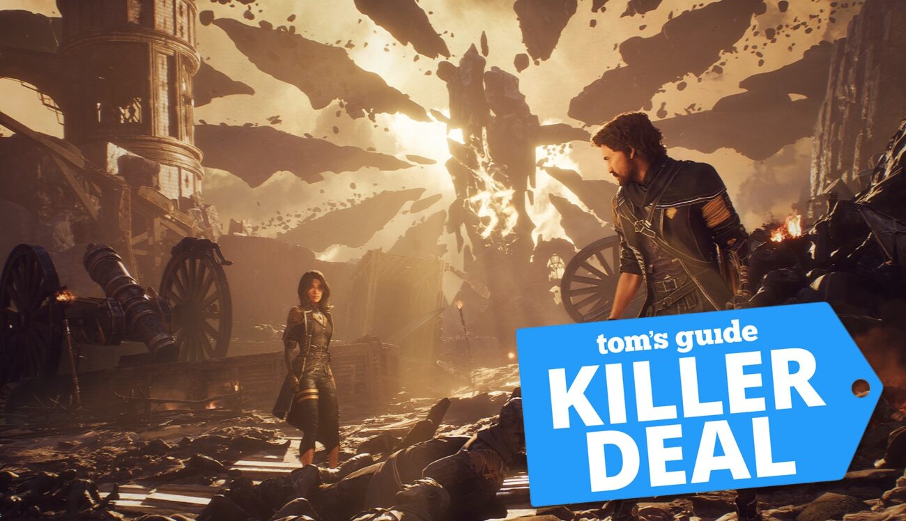 A Clair Obscur: Expedition 33 screenshot showing Lune and Gustave (L-R) standing on a battlefield with the Paintress' monolith in the background