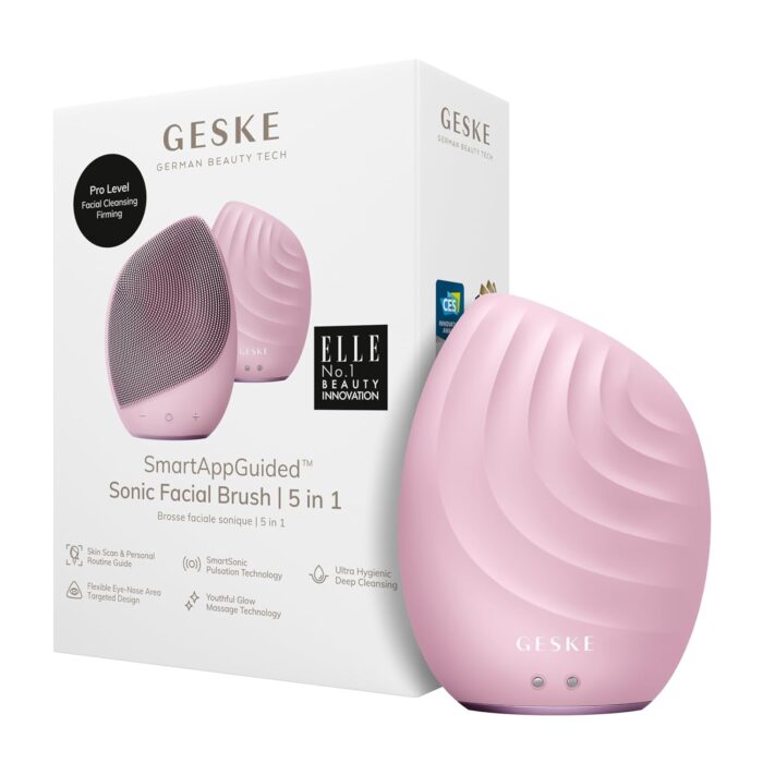 GESKE SmartAppGuided™ Sonic Facial Brush 5 in 1 | vibrating electric facial cleansing brush | soft silicone brush | professional facial cleanser | skin cleanser & exfoliator | face massager