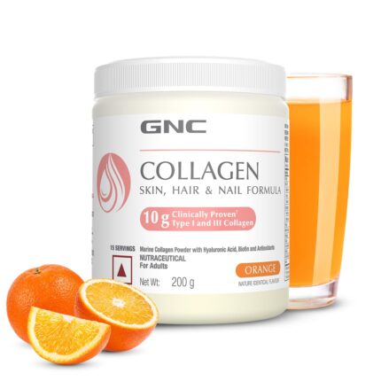 GNC Marine Collagen I India's Only 10g Clinically Proven Collagen (200g) I For Radiant & Youthful Skin|Reduces Fine Lines & Wrinkles|Added Hyaluronic Acid|Biotin & Vitamin C|Orange Flavour-Powder