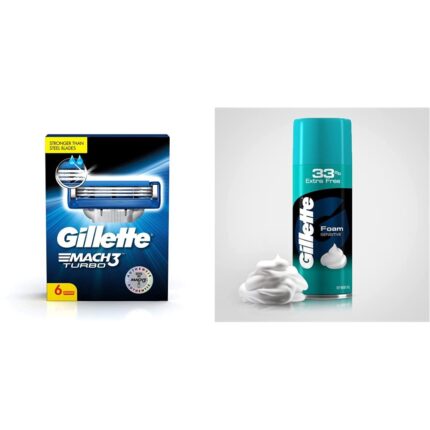 Gillette Men Mach Turbo 3 Shaving Blades- Pack Of 6 (Cartridges) & Classic Sensitive Shave Foam - 418 G (33% Extra)