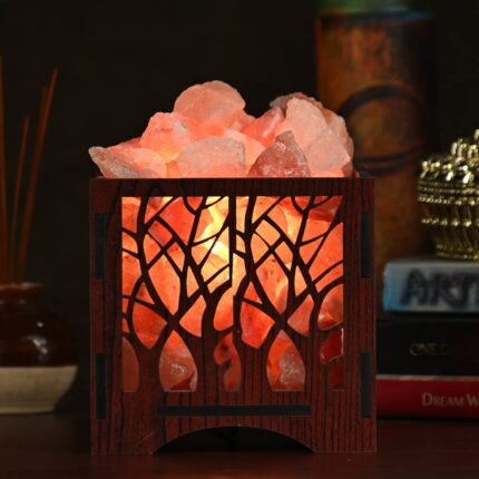 Global Aroma Forest Wooden Brown Basket Himalayan Rock Salt LED Lamp For Positive Energy, Vastu, Healing, Harmony, Purification, Best Wellness, Pack Of 1