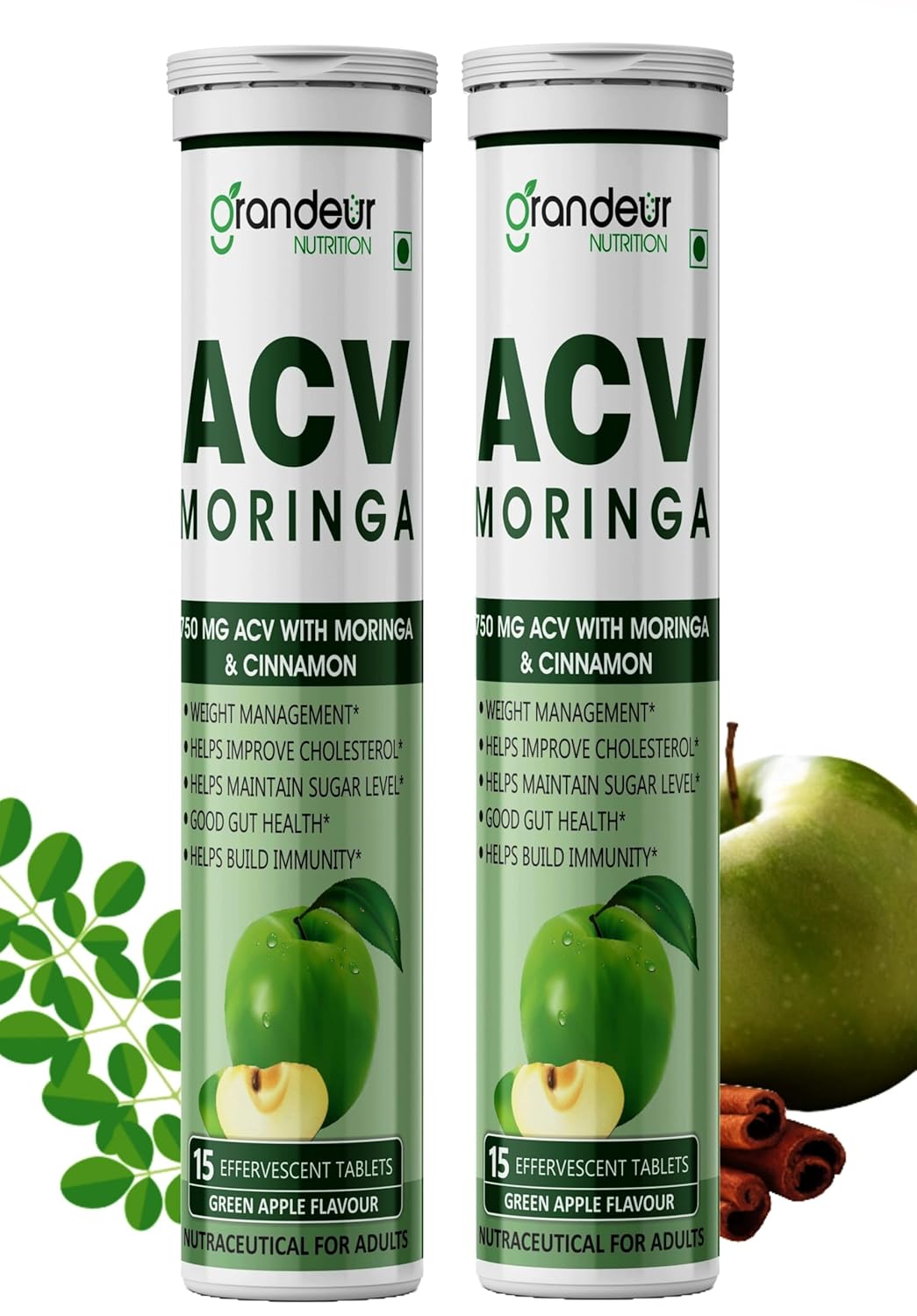 Grandeur Plant Based ACV Moringa, 30 Apple Cider Vinegar Tablets For Weight Management 750mg, With Cinnamon | Controls Cravings | No Added Sugar | Natural Energy Booster | Healthy Gut | Green Apple
