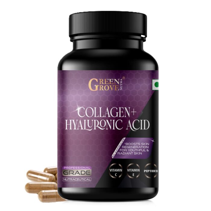 GreenGrove Nutra Collagen + Hyaluronic Acid Supreme Formula | Formulated with collagen peptides and hyaluronic acid to skin elasticity, reduce fine lines, and radiant, youthful skin | 60 CAPSULES | Formulated in USA