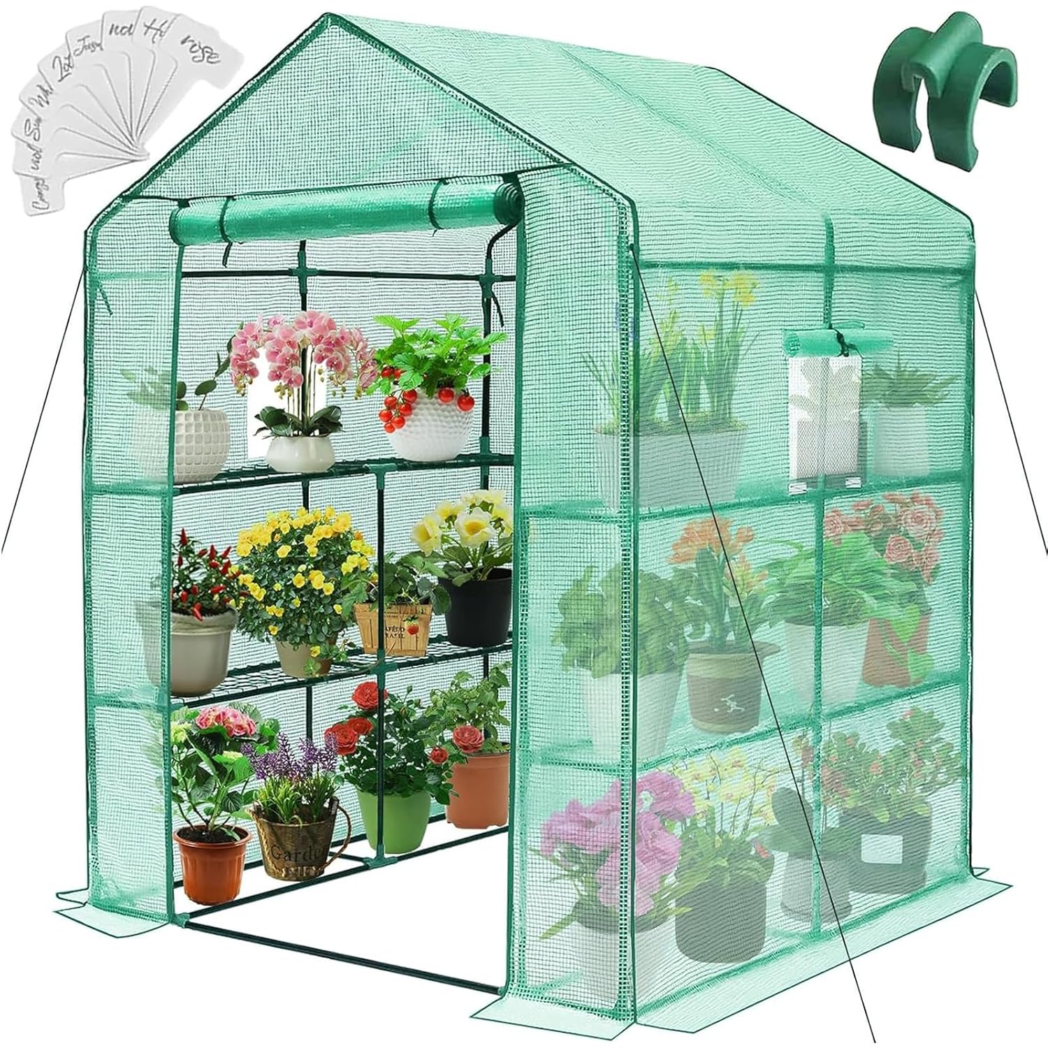 Greengro Greenhouse, 56 x 56 x 75'' Greenhouses for Outdoors, Upgraded Green House Kit with Window, Thicken PE Cover, 3 Tiers 8 Shelves, Heavy Duty Walk in Green Houses for Indoor Backyard Outside