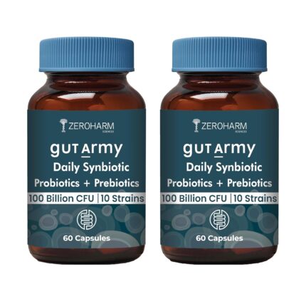 Gut Army Prebiotics & Probiotics - 10 Unique Strains Blend -100 Billion CFU - With Inulin & Probiotics Blend - Supports Gut Digestion Health & Bowel Movement - 60 Capsules By ZEROHARM