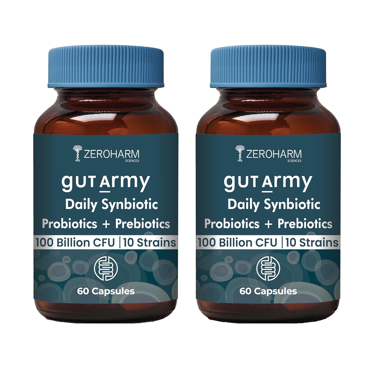 Gut Army Prebiotics & Probiotics - 10 Unique Strains Blend -100 Billion CFU - With Inulin & Probiotics Blend - Supports Gut Digestion Health & Bowel Movement - 60 Capsules By ZEROHARM