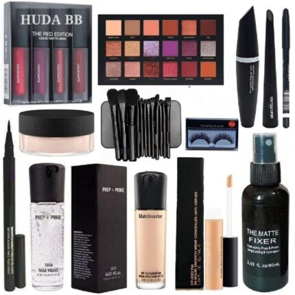 HUDA BB Professional Makeup Combo Kit Concealer, Red Edition Lipstick,Primer,Foundation,Eyeliner,Mascara,Eyebrow Pencil, Sketch Eyeliner,Face Powder,Makeup Brush,Eyelashes With Makeup Fixer Set Of 16