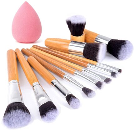 HUDA GIRL Beauty Professional Makeup Brushes with Blender Puff 11 Pieces Natural Bamboo Handle, Travel Case - Wooden