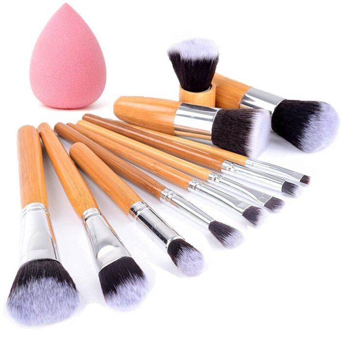 HUDA GIRL Beauty Professional Makeup Brushes with Blender Puff 11 Pieces Natural Bamboo Handle, Travel Case - Wooden