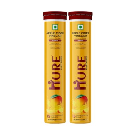 HURE - THE PLANT FIX Apple Cider Vinegar 30 Effervescent Tablets with mother for weight & easy digestion, vitamin B6 & B12, Pack of 2 (Mango), 100% vegan, Easy to carry & consume