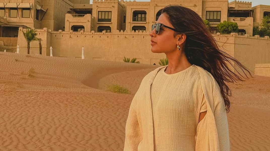 Heading to the desert? Take cues from Samantha Ruth Prabhu's muted midi dress and overlay