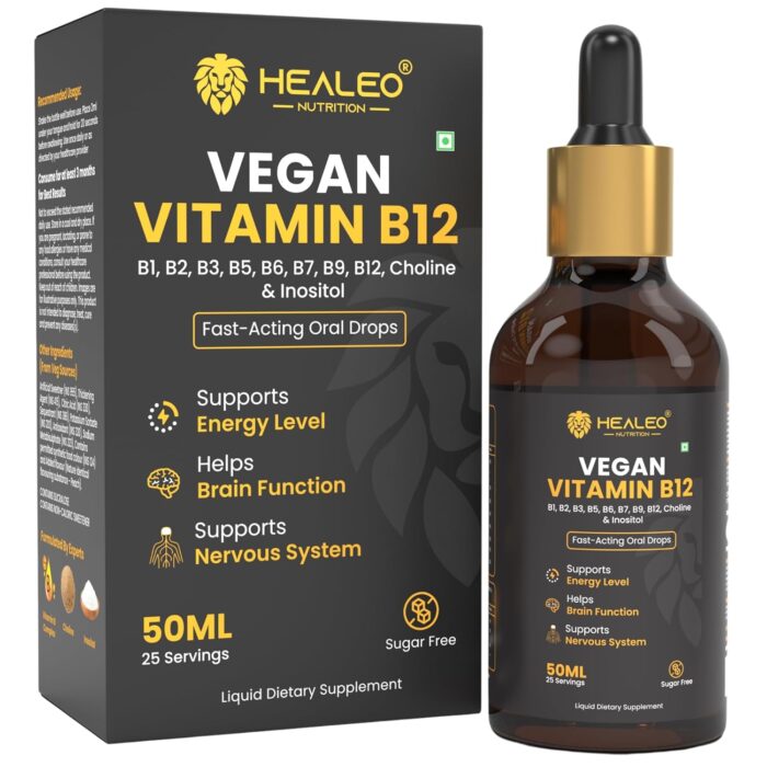 Healeo Vegan Vitamin B12 Drops Supplement for Men & Women with B1,B2,B3,B5,B6,B7,B9, Choline & Inositol | Boost Energy Level | Supports Healthy Nervous System & Brain Function - 50ml