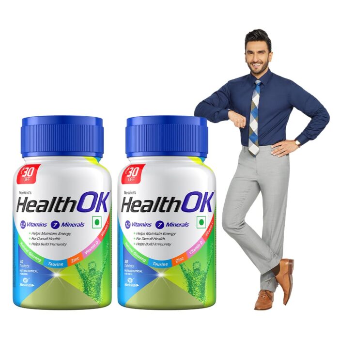Health OK Multivitamin with Natural Ginseng, Taurine power, Daily Energy, alertness, Vitamin D, C & other 18 multivitamins minerals, for Overall Health, 30 Tablets (Veg) x Pack of 2