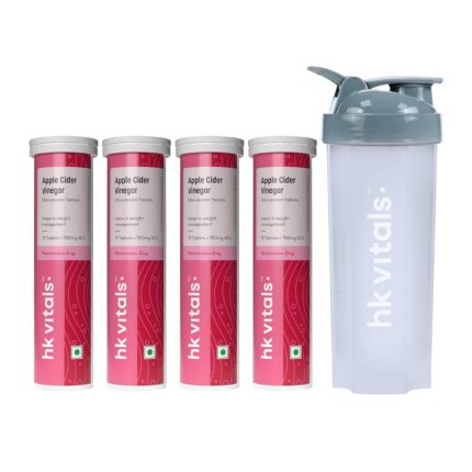 HealthKart HK VITALS Apple Cider Vinegar 750mg (Watermelon Flavour, 15 Effervescent Tablets Each) Pack of 4 with Shaker, 650ml | For Weight Management & Gut Health, Supports Digestion