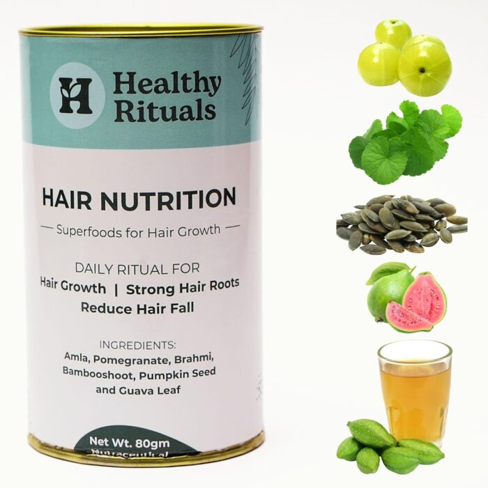 Healthy Rituals - Hair Nutrition,Superfoods mix of Amla,Brahmi,Pumpkinseeds.DHT Blocker with Biotin I Hair supplement for men and women.VitaminC,D,B12,Iron enriched I Vegan IGut friendlyI 45 servings