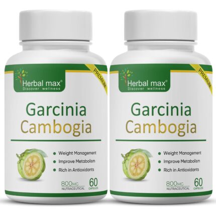 Herbal max Garcinia Cambogia Capsule with 60% HCA & Green Tea Extract, 60 Capsules (800mg) Pack of 2 | Natural Weight Management | Improves Digestion for Men & Women