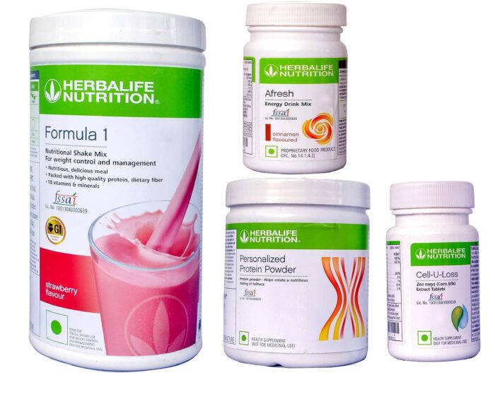 Herbalife nutrition weight loss package pack of 4 Strawberry 500 g, protein 200 g, cell u loss, afresh energy drink mix - (Cinnamon)