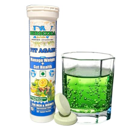 Herbixica Fit Again Effervescent Tablets, For Weight management, Gut Health | tasty lemon mojito flavour, 2500mg, 1tab/day, with 9 Ayurvedic ingredients & Vit B6, B12 | For Men & Women