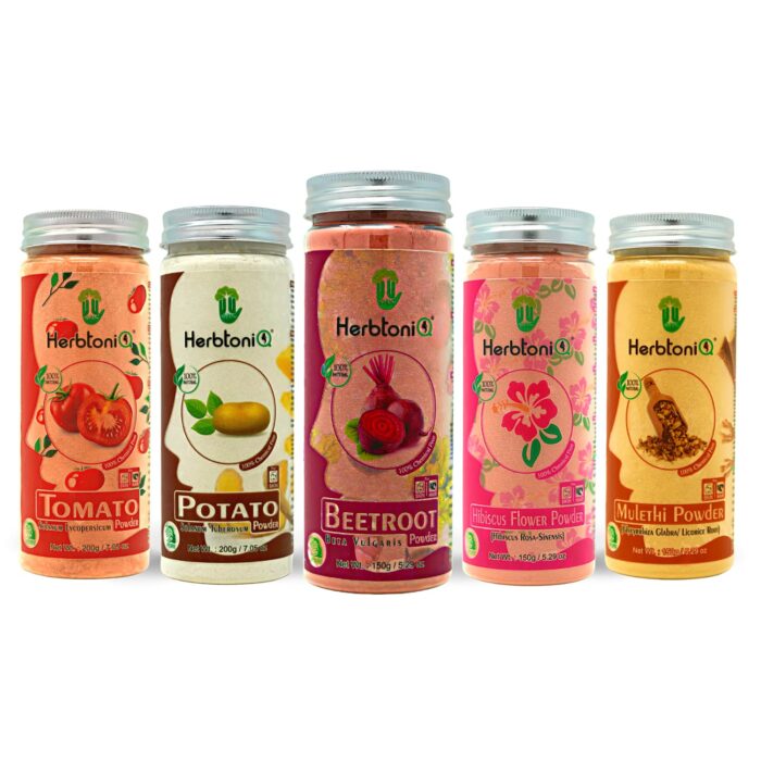 HerbtoniQ 100% Natural Pack of 5 Powders for Face Pack, Face Wash, Scrub, Pigmentation, and Acne: Tomato, Potato, Beetroot, Hibiscus and Mulethi (850g)