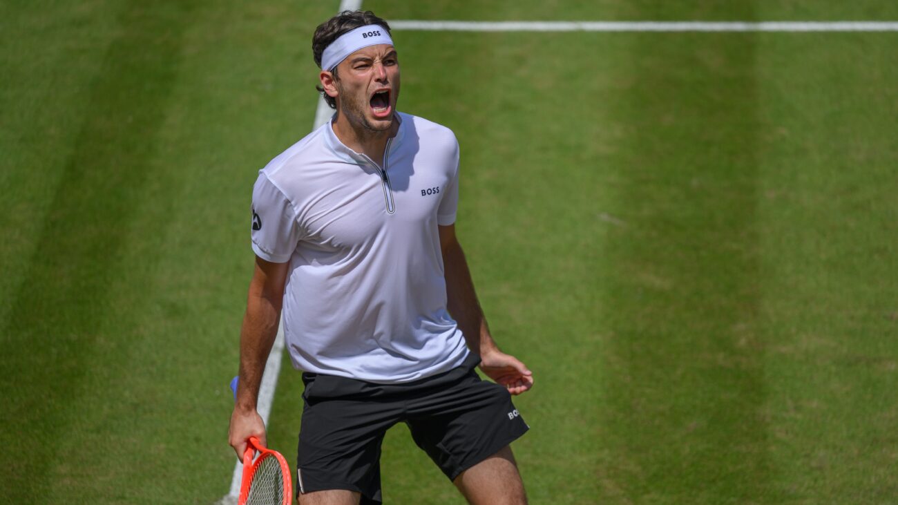 Taylor Fritz celebrates his win in the Boss Open in Germany.