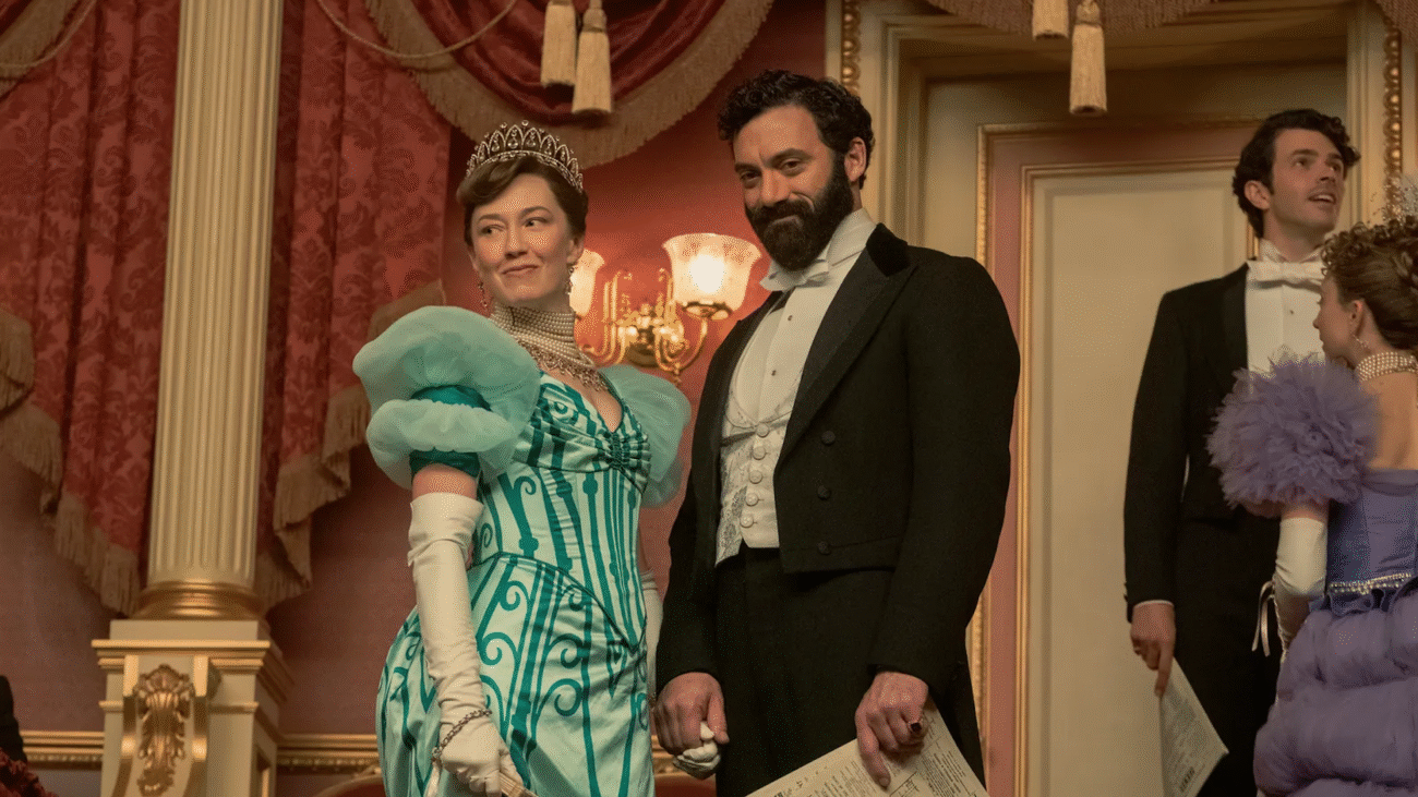 Bertha and George Russell (played by Carrie Coon and Morgan Spector) in "The Gilded Age" season 3