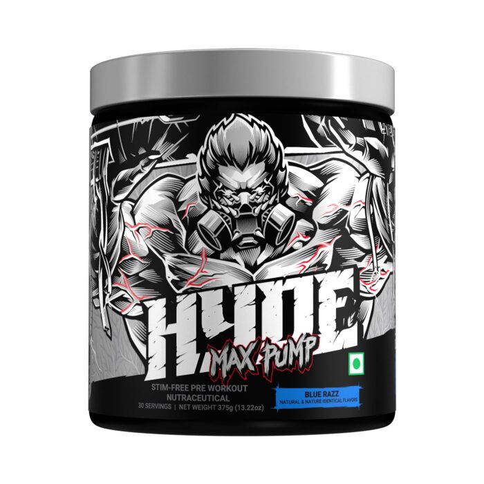Hyde Max Pump Pre workout Supplement | Caffeine Free Pre workout Supplement for Men and Women | Explosive Energy, Pump and Endurance | Taurine, L Citrulline, Beta Alanine | 375g (Blue Razz)