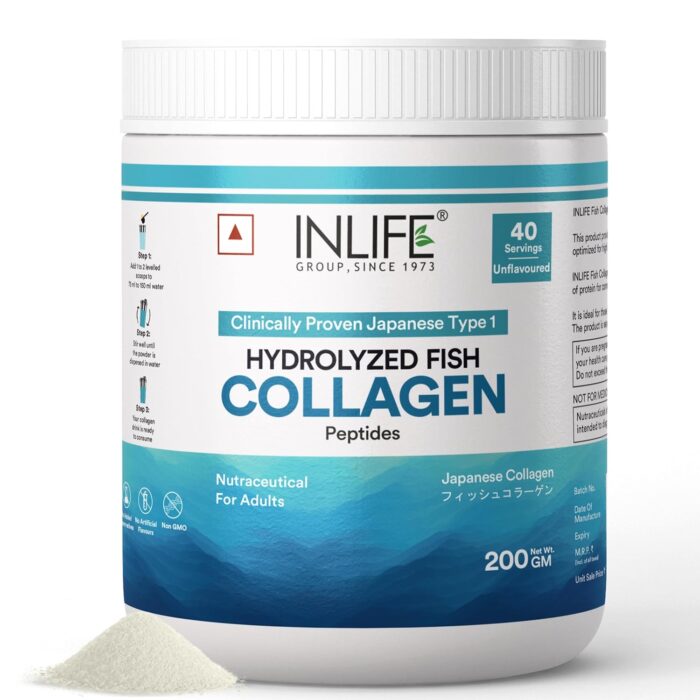 INLIFE Japanese Marine Collagen Supplements | Clinically Proven Ingredient | Hydrolyzed Fish Collagen Powder for Skin, Hair & Joints for Women & Men (Unflavored)