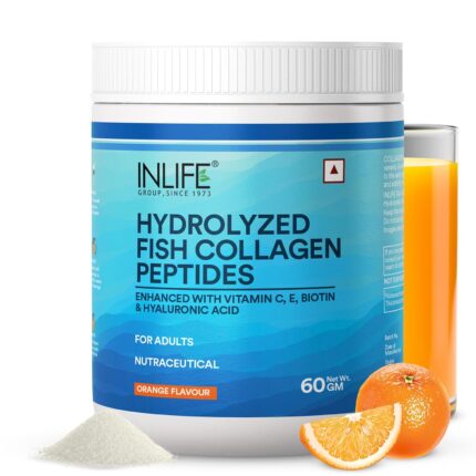 INLIFE Marine Collagen Powder | Fish Collagen Peptides Supplements for Skin | Vitamin E, Biotin, Hyaluronic Acid & Vitamin C | For Women & Men (60g, 60g Orange)