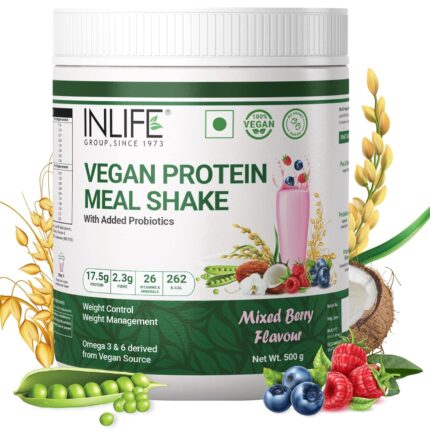 INLIFE Plant Based Meal Replacement Shake | Plant Protein Powder (17.5 Protein) Sugar Free, Lactose Free | Added Probiotics, 500g (500g, Mixed Berry)
