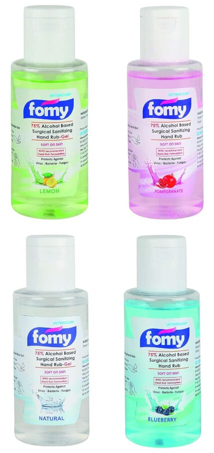 INTERCORP FOMY Hand Sanitizer and Disinfectant 100 ml Each (Natural, Lemon, Pomegranate & Blueberry – Pack of 4) | Best Sanitizer Combo Pack Offer for Hands | Hand Rub Sanitizer Combo