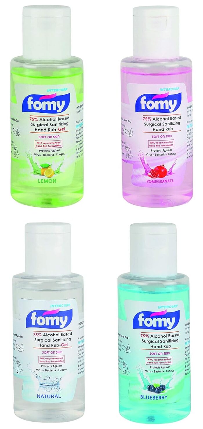 INTERCORP FOMY Hand Sanitizer and Disinfectant 100 ml Each (Natural, Lemon, Pomegranate & Blueberry – Pack of 4) | Best Sanitizer Combo Pack Offer for Hands | Hand Rub Sanitizer Combo