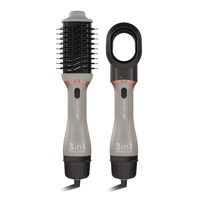 Ikonic 3 in 1 Express Styler Grey, Professional Volumizer Blow Dryer 1200W Hot Air Brush for Women Innovative Air Flow Vents Mixed Styling Bristles Ceramic Titanium Tourmaline-Coated Brush Head
