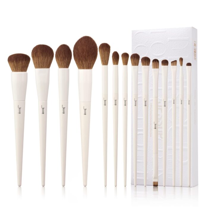 Jessup 14Pcs of Premium Synthetic Makeup Brushes Set for Contour, Concealer, Foundation, Eye Shadow Blending, Liner, Powder, Blush, Light Grey, T329