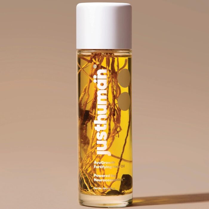 Justhuman AyuGrowth Fortifying Hair Oil, Amla, Brahmi, Bhringraj, Vertiver root & Ayurvedic, Clinically Proven 18-Oil blend,Reduces Hair Fall & breakage, Strengthens roots, 120ml