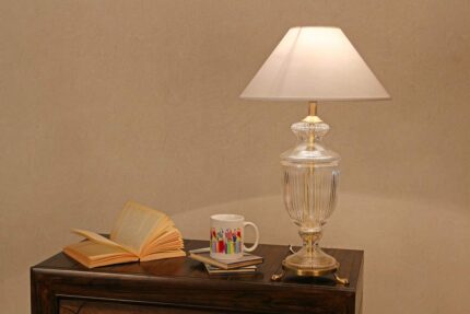 KAPOOR E-ILLUMINATIONS Oleana Hand Cut Glass and Brass Casted Base Table Lamp with Off White Cotton Shade (LED Bulb Included)