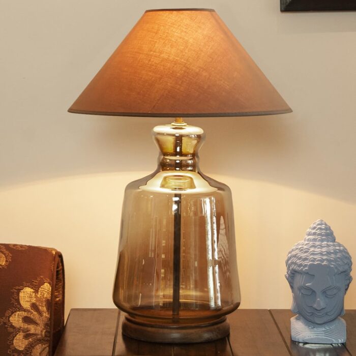 KAPOOR E-ILLUMINATIONS Paola Glass and Wood Table Lamp with Beige Cotton Shade (LED Bulb Included)