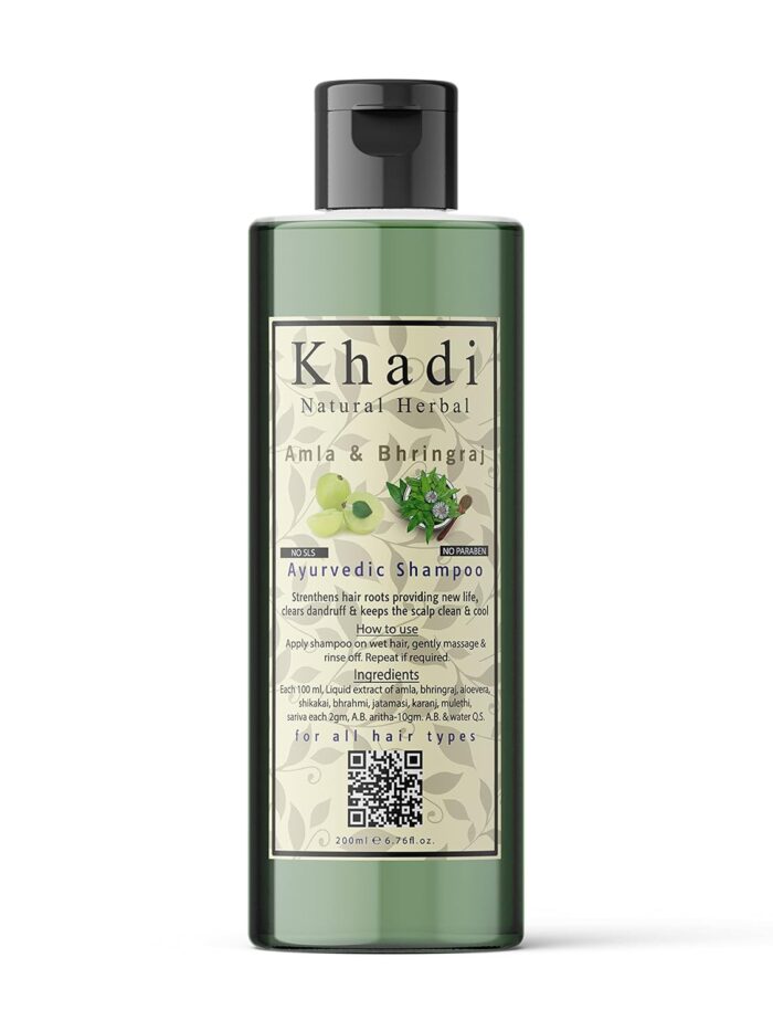 Khadi Natural Herbal Amla And Bhringraj Shampoo | Anti Hair Fall & Anti Dandruff Shampoo | Enriched With 9 Herbal Extracts | Nourishes & Strengthen Hair | Suitable For All Hair Types | Paraben & Sls Free Hair Cleanser For Women & Men 200ml