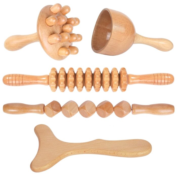 Komogir Maderotherapy Accessories 5-In-1 Professional Wood Therapy Massage Kit Wooden Swedish Cup Mushroom Massager Roller Stick Contouring Board For Anti-Cellulite,Body Sculpting
