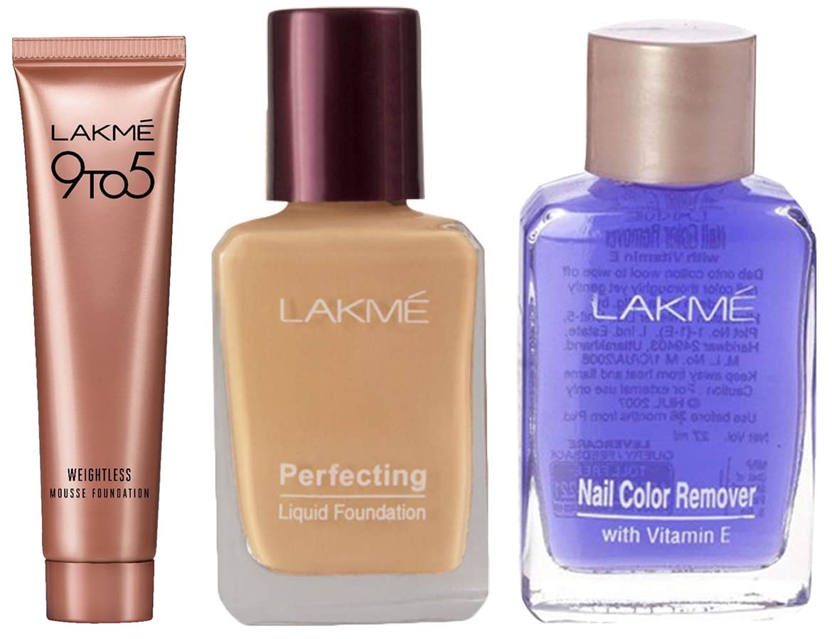 LAKMÉ 9 To 5 Weightless Light Mousse Foundation, Rose Ivory, 6g & Perfecting Full Liquid Foundation, Pearl, Long Lasting, Waterproof, 27ml & Nail Color Remover, 27ml (Dewy, All Skin Type)