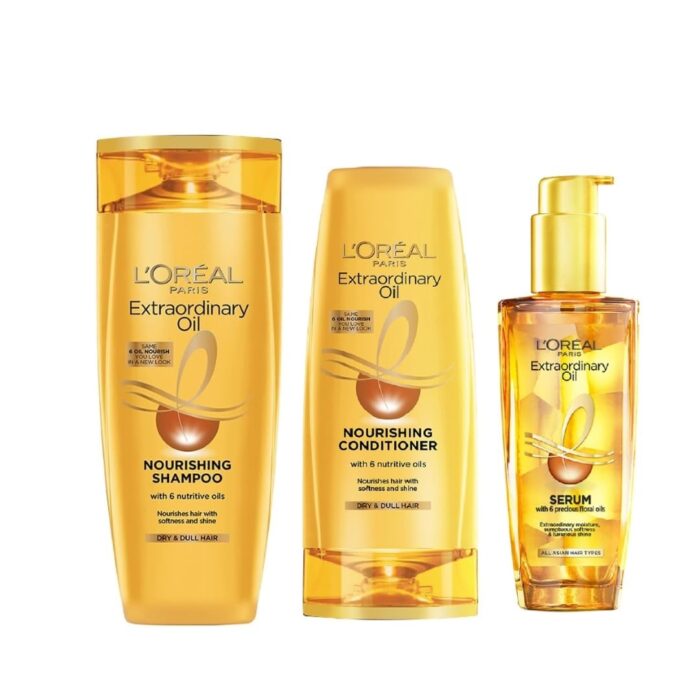 L'Oreal Paris Extraordinary Oil 3 -step Nourishing kit - Shampoo For Dry & Dull Hair (340ml) + Conditioner (180ml) + Hair Serum (100ml)