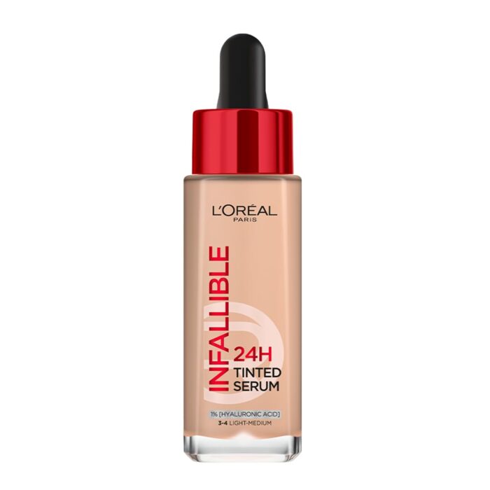L’Oréal Paris Infallible 24H Tinted Serum Foundation, Light-weight Coverage, Dewy & Radiant Finish, Transfer-proof, 30ml