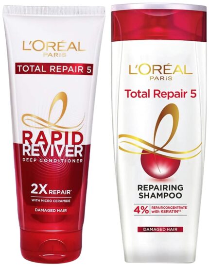 L'Oreal Paris Rapid Reviver Total Repair 5 Deep Conditioner, 180ml & L'Oreal Paris Total Repair 5 Repairing Shampoo with Keratin XS, 192.5ml