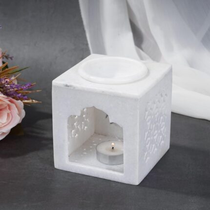 LUVIHCRETE Marble Oil Burner | Aroma Oil Diffuser | Essential Oil and Candles Included | Handmade by Indian Artisans | Festive Gifting (Floral)
