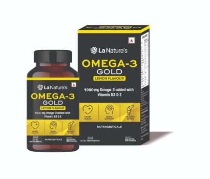 La Nature's Omega 3 Fish Oil Gold- 60 Softgel for Men and Women| Omega 3 with Vitamin D3 and Vitamin E| Supports Heart, Brain, Joint, Immune Health| No Fishy Burps with Lemon Flavour