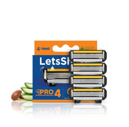LetsShave Pro 4 Manual Shaving Razor Blades Refill (Cartridges), Pack of 4, World's First Ultra Sharp 4 Blade with Rubber Guard & Open Flow Architecture, Blades for Men