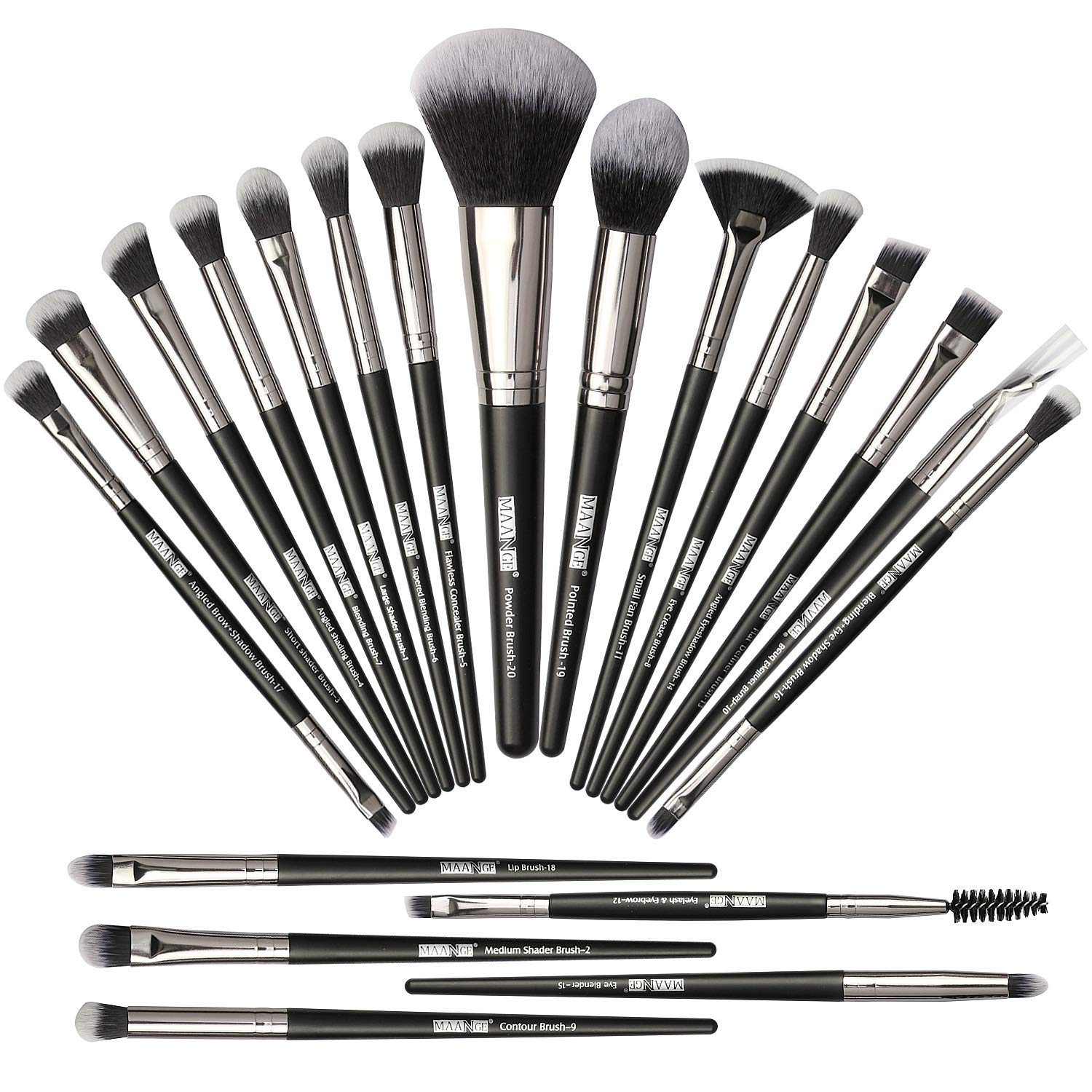 MAANGE Makeup Brush Set 20 Pcs Foundation Eyeshadow Blush Brush Kabuki Blending Concealers Face Powder Eye Make Up Brushes Set Kit (Black Silver)