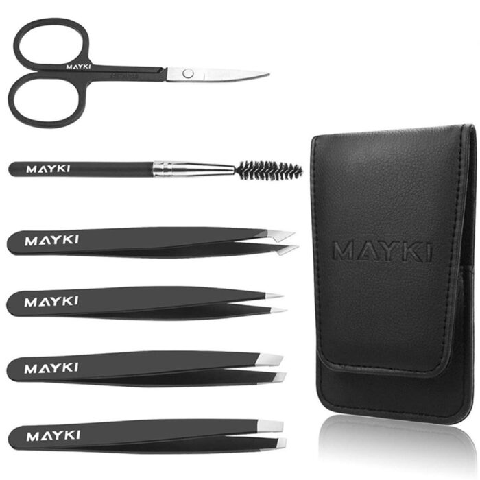 MAYKI Eyebrow Tweezer Set, 6 PCS Professional Stainless Steel, Classic Black, Great Precision for Eyebrow/Facial Hair Removal, Ingrown Hairs/Splinter/Tick Remover