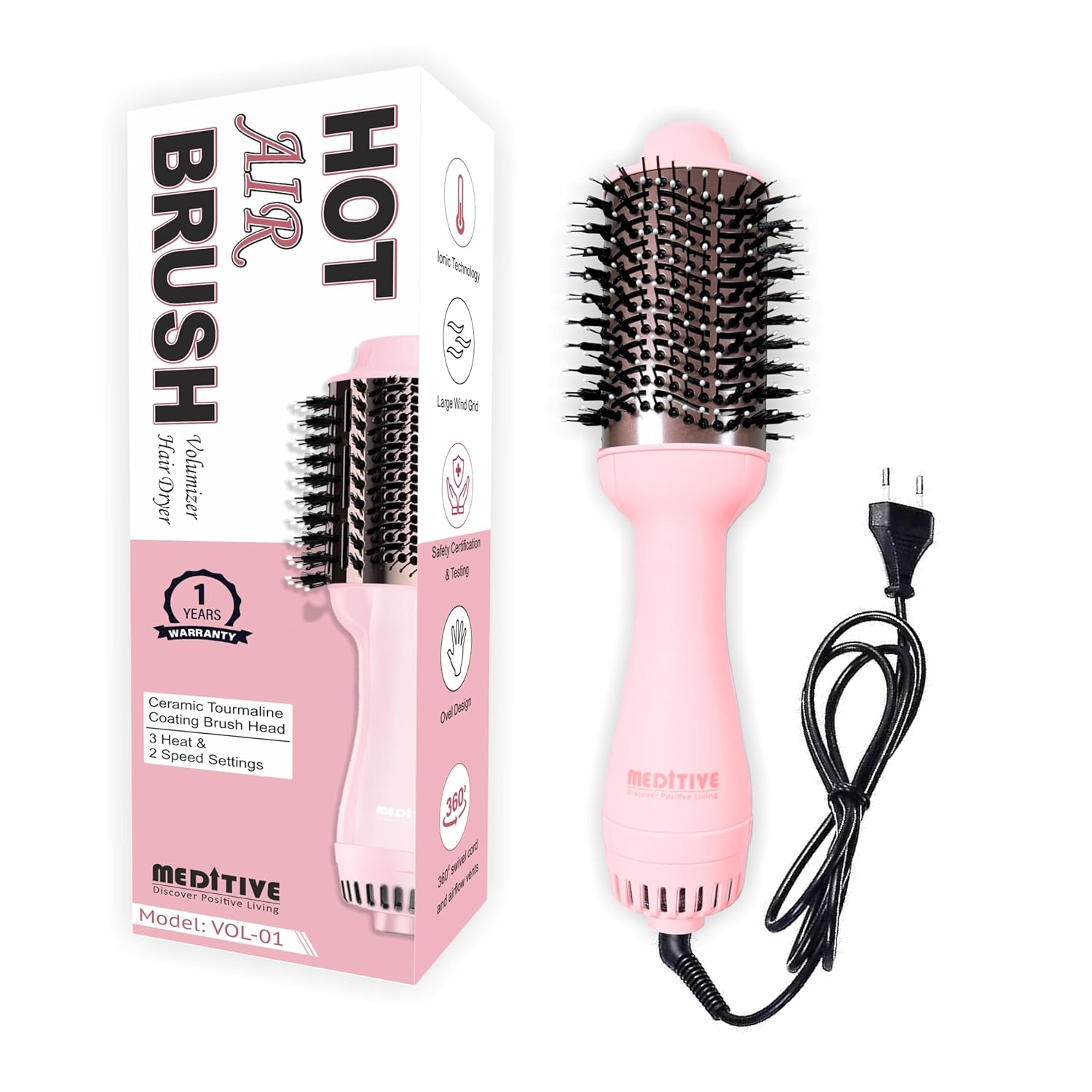 MEDITIVE Hot Air Brush for Hair Styling | Hair Volumizer Blow Dryer Brush, Ceramic Tourmaline Coated, Ionic Technology, 3 Heat & 2 Speed Settings, Lightweight Hair Styler with Overheat Protection & 360° Swivel Cord – Blow Dryer for Hair Volume Hair Volumizer, and Hair Styler in One, 1200 Watts( Pink Colour)