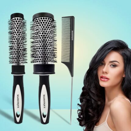 Majestique Professional Blow Drying Hair Brush | Round Brush and Tail Comb for Blow Drying | Includes 2 Sizes Compatible with Most Blow Dryers - Pack of 3